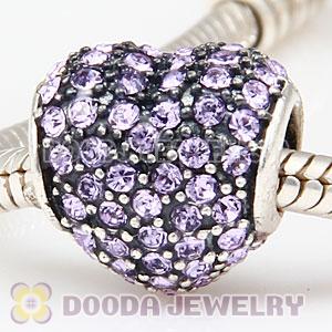 European Sterling Violet Pave Heart With Violet Austrian Crystal Charm
