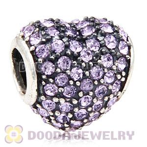 European Sterling Violet Pave Heart With Violet Austrian Crystal Charm