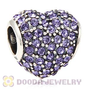 European Sterling Tanzanite Pave Heart With Tanzanite Austrian Crystal Charm
