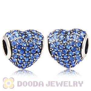 European Sterling Sapphire Pave Heart With Sapphire Austrian Crystal Charm