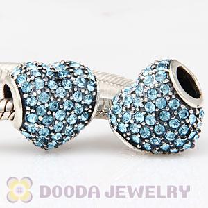 European Sterling Aquamarine Pave Heart With Aquamarine Austrian Crystal Charm