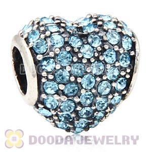 European Sterling Aquamarine Pave Heart With Aquamarine Austrian Crystal Charm