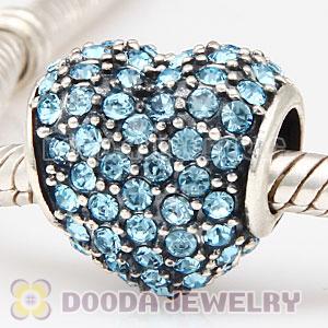 European Sterling Aquamarine Pave Heart With Aquamarine Austrian Crystal Charm