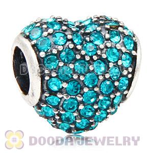 European Sterling Blue Zircon Pave Heart With Blue Zircon Austrian Crystal Charm