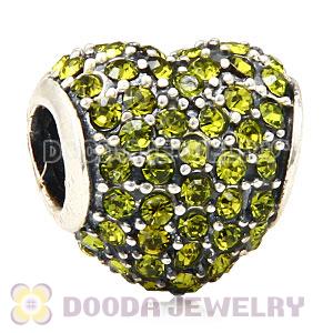 European Sterling Olivine Pave Heart With Olivine Austrian Crystal Charm