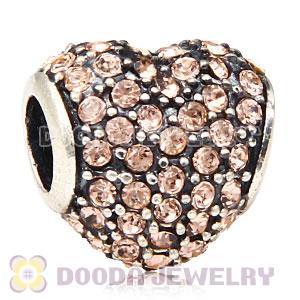 European Sterling Light Peach Pave Heart With Light Peach Austrian Crystal Charm