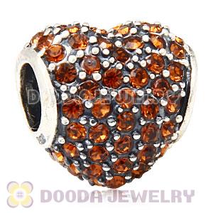 European Sterling Smoked Topaz Pave Heart With Smoked Topaz Austrian Crystal Charm