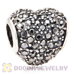 European Sterling Jet Hematite Pave Heart With Jet Hematite Austrian Crystal Charm