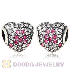 European Sterling Pave Heart Pink Ribbon With Austrian Crystal Charm