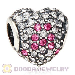 European Sterling Pave Heart Pink Ribbon With Austrian Crystal Charm