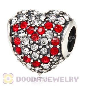 European Sterling Pave Heart Red Heart With Austrian Crystal Charm