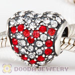 European Sterling Pave Heart Red Heart With Austrian Crystal Charm