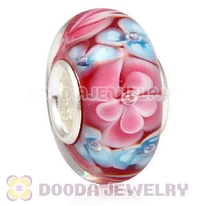 Handmade European Flower Blossom Glass Beads Inside Cubic Zirconia In 925 Silver Core 