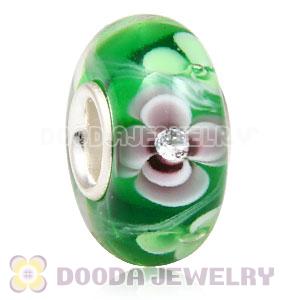 Handmade European Flower Glass Beads Inside Cubic Zirconia In 925 Silver Core 