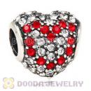 European Sterling Pave Heart Red Heart With Austrian Crystal Charm