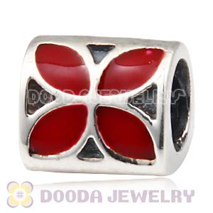 925 Sterling Silver Jewelry 4 Petal Flower Bead with Red Enamel