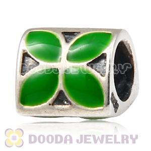 925 Sterling Silver Jewelry 4 Petal Flower Bead with Green Enamel