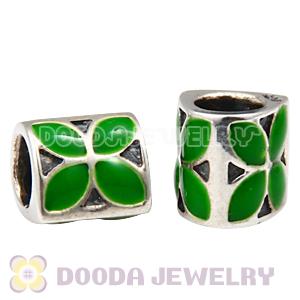 925 Sterling Silver European 4 Petal Flower Bead with Green Enamel