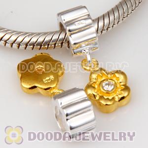 European Style 925 Silver Beads Dangle Gold Plated Flower with Stone