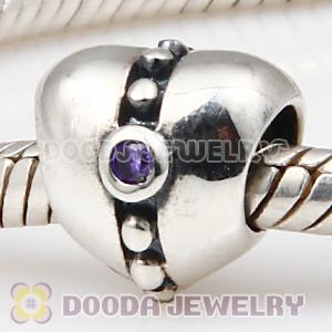 Solid Sterling Silver Heart Beads with Purple Stone