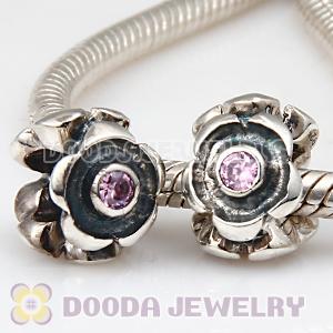 925 Sterling Silver European Style Flower Beads with Pink Stone