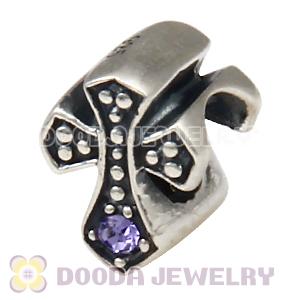 European Antique Sterling Silver Cross Charm Bead with Tanzanite Austrian Crystal