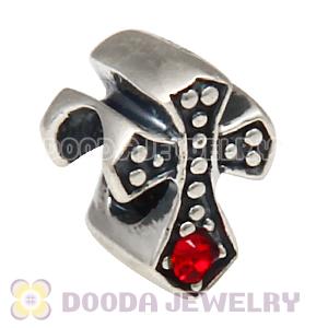 European Antique Sterling Silver Cross Charm Bead with Light Siam Austrian Crystal