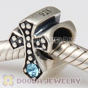 European Antique Sterling Silver Cross Charm Bead with Aquamarine Austrian Crystal