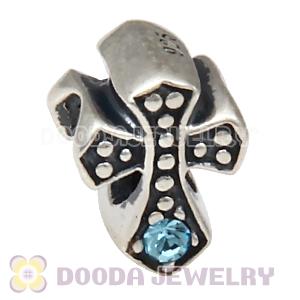 European Antique Sterling Silver Cross Charm Bead with Aquamarine Austrian Crystal