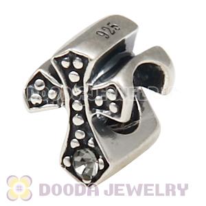 European Antique Sterling Silver Cross Charm Bead with Black Diamond Austrian Crystal
