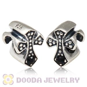 European Antique Sterling Silver Cross Charm Bead with Jet Austrian Crystal