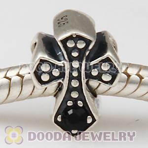 European Antique Sterling Silver Cross Charm Bead with Jet Austrian Crystal