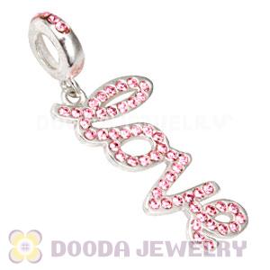 European Sterling Silver Love Letters Dangle Beads with Light Rose Austrian Crystal