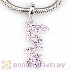 European Sterling Silver Love Letters Dangle Beads with Violet Austrian Crystal