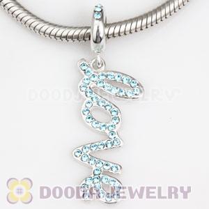 European Sterling Silver Love Letters Dangle Beads with Aquamarine Austrian Crystal