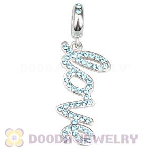 European Sterling Silver Love Letters Dangle Beads with Aquamarine Austrian Crystal