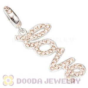 European Sterling Silver Love Letters Dangle Beads with Light Peach Austrian Crystal