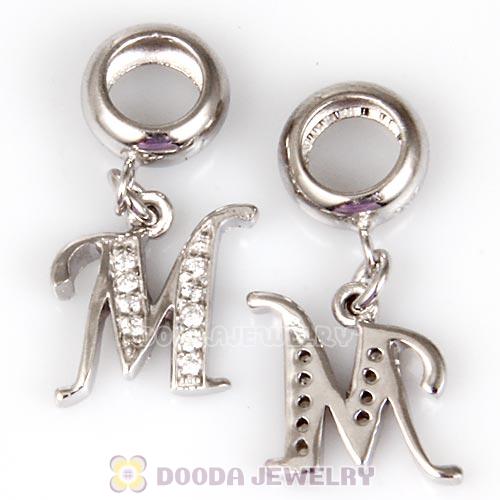 925 Sterling Silver Dangle Letter M Beads with CZ Stone