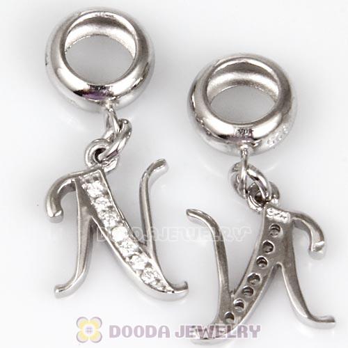 925 Sterling Silver Dangle Letter N Beads with CZ Stone