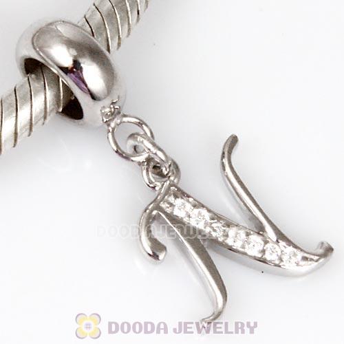 925 Sterling Silver Dangle Letter N Beads with CZ Stone