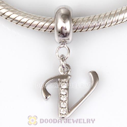 925 Sterling Silver Dangle Letter V Beads with CZ Stone