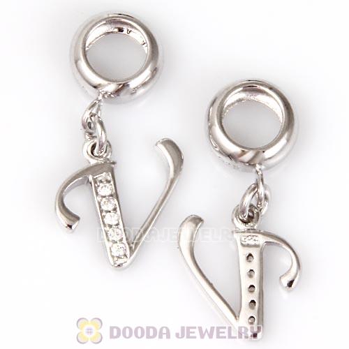 925 Sterling Silver Dangle Letter V Beads with CZ Stone