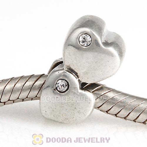 European Sterling Double Heart Charm With Austrian Crystal Beads