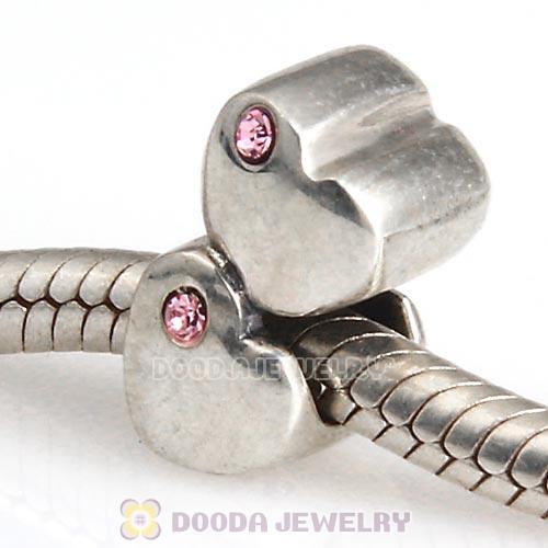 European Sterling Double Heart Charm with Light Rose Austrian Crystal Beads