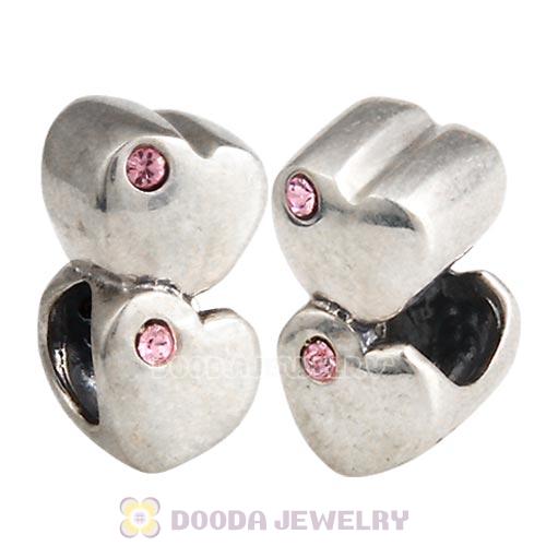 European Sterling Double Heart Charm with Light Rose Austrian Crystal Beads