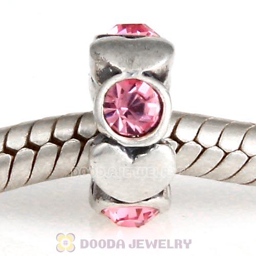European Sterling Silver Heart Spacer Beads with Light Rose Austrian Crystal