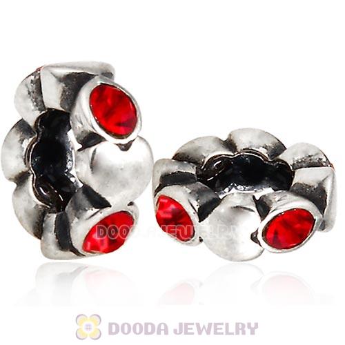 European Sterling Silver Heart Spacer Beads with Light Siam Austrian Crystal