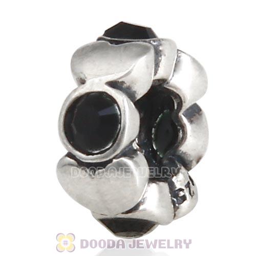 European Sterling Silver Heart Spacer Beads with Jet Austrian Crystal