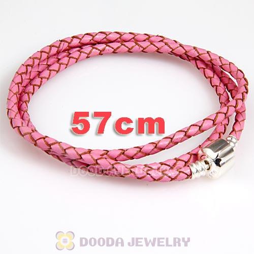57cm European Pink Triple Braided Leather Romantic Bracelet