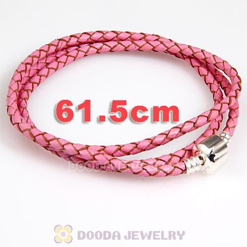 61.5cm European Pink Triple Braided Leather Romantic Bracelet
